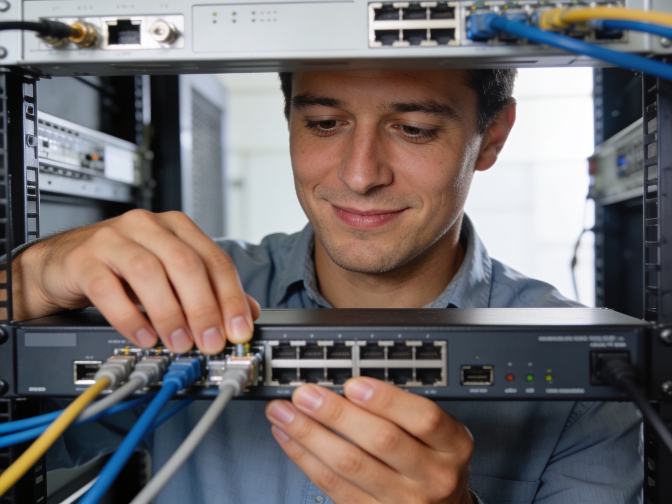 Broadcast technician adjusting network equipment in a server room.