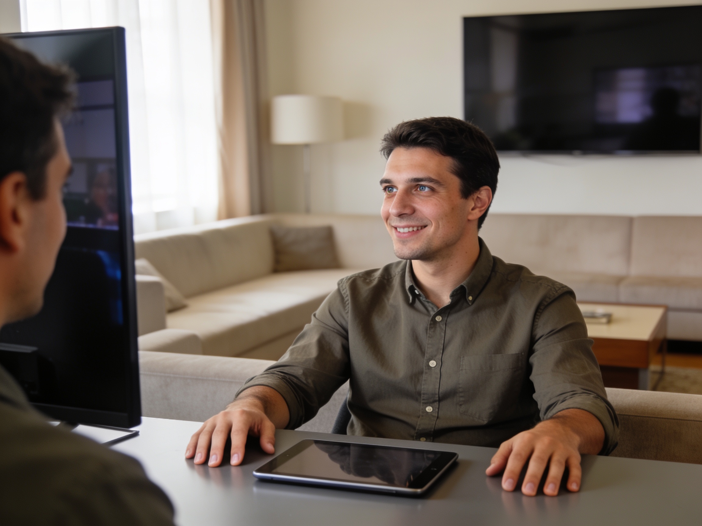 Bulgarian man watching sports for betting via Digiturk satellite in a modern living room setup.