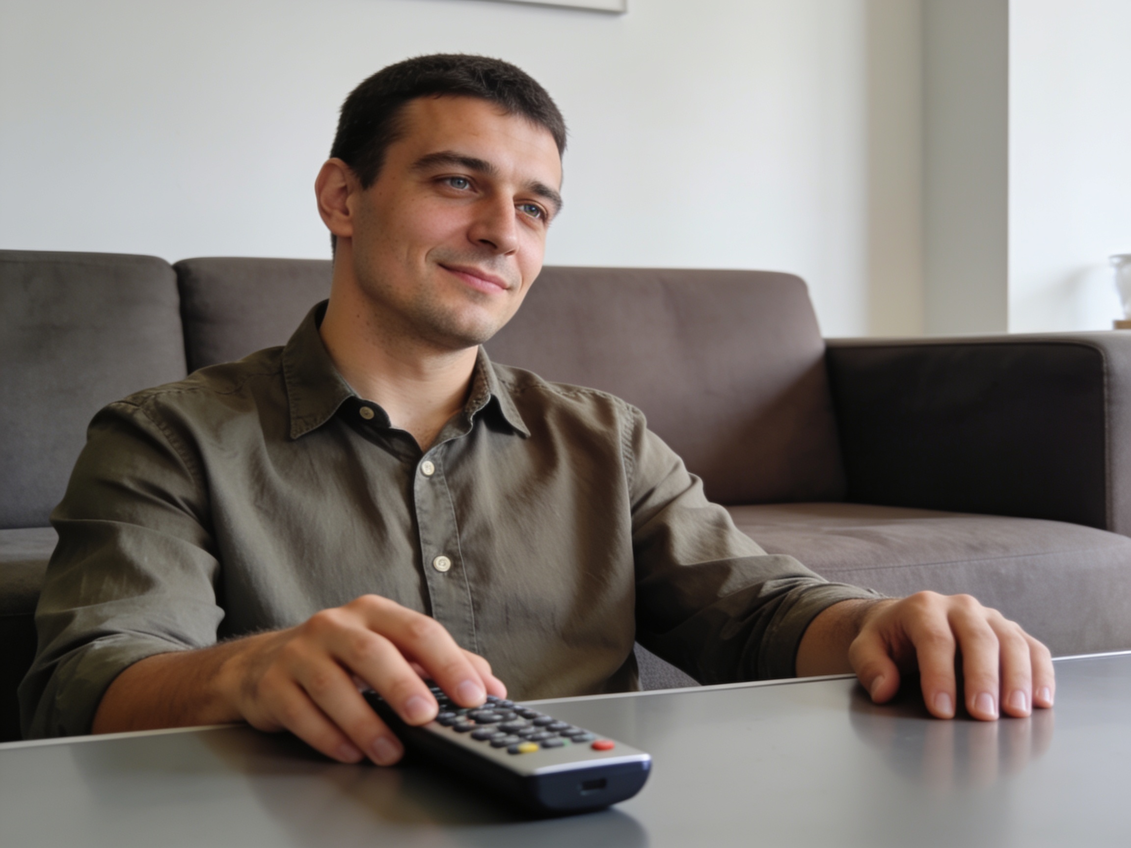 Bulgarian man testing remote for latest Digiturk Bulgaria features in Sofia living room