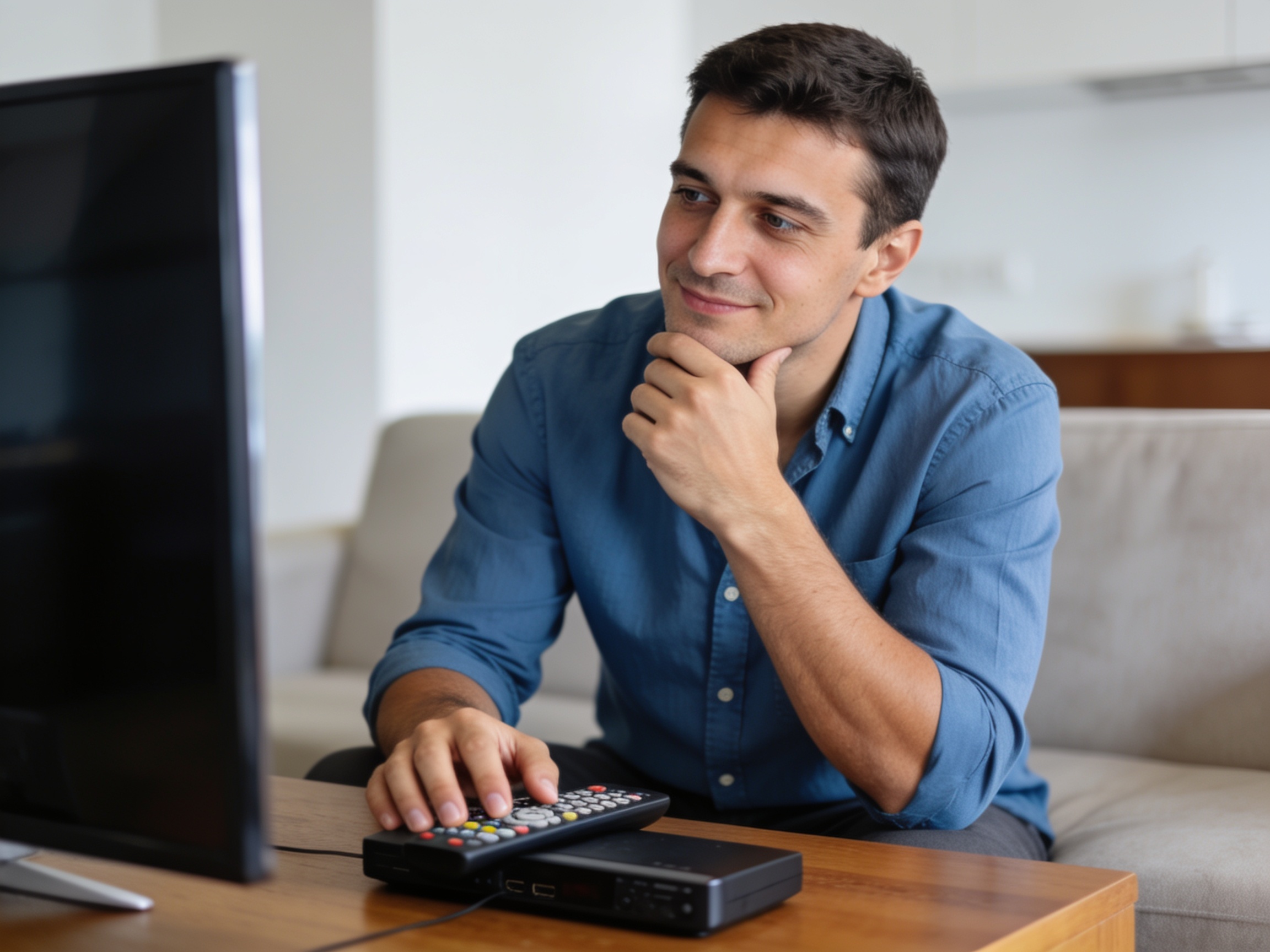 Bulgarian man examining a remote control to optimize satellite TV Bulgaria in a modern living room setting.