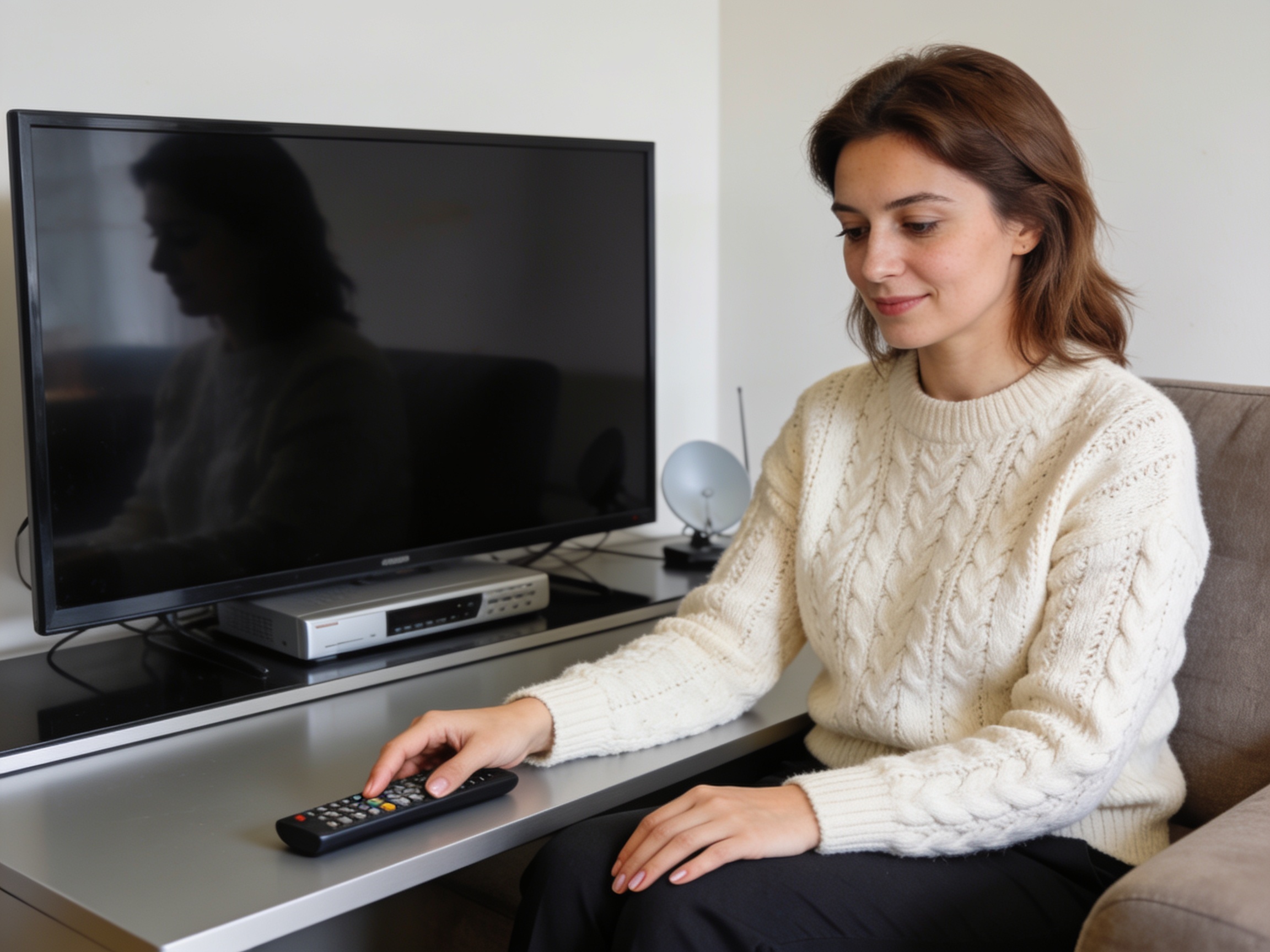 Bulgarian woman browsing satellite TV channels for Digiturk Bulgaria family entertainment options